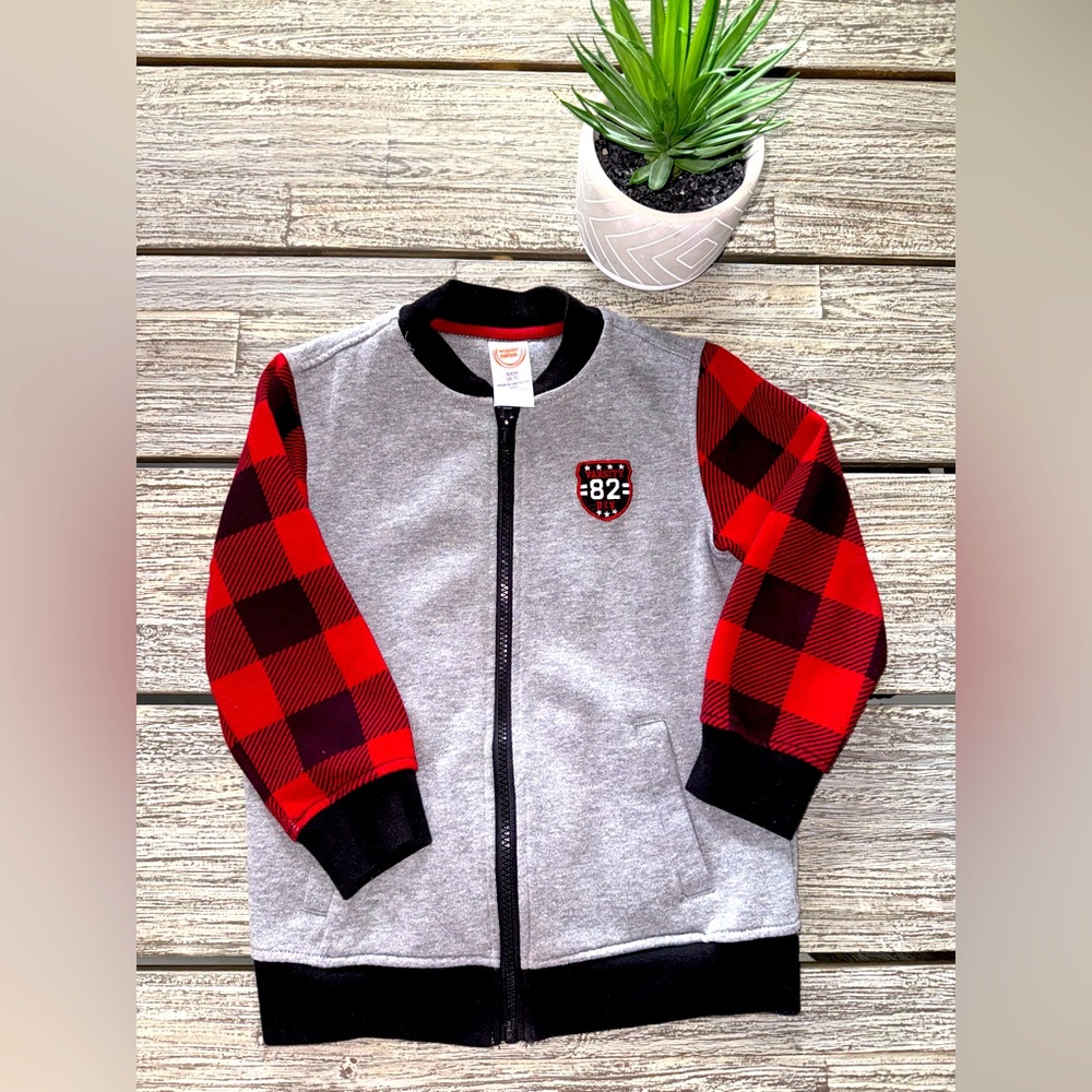 Boys Gray and Red Plaid Zip Up Varsity Jacket, Sz 6-7